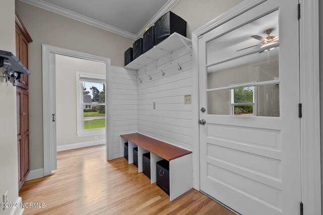 mudroom featuring a wealth of natural light, light wood-style flooring, a ceiling fan, and crown molding