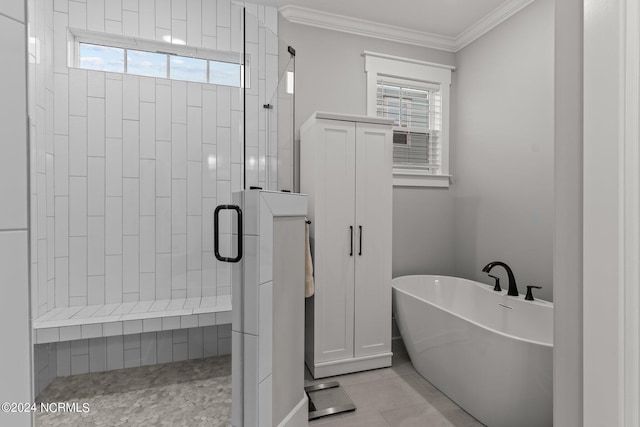 full bath with ornamental molding, a stall shower, tile patterned flooring, and a freestanding bath