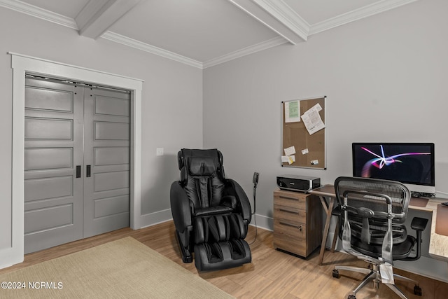 home office featuring ornamental molding, light wood-type flooring, beam ceiling, and baseboards