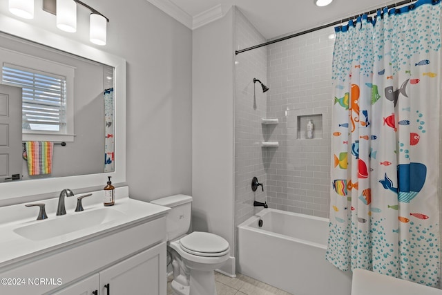 bathroom with toilet, vanity, ornamental molding, tile patterned floors, and shower / tub combo with curtain