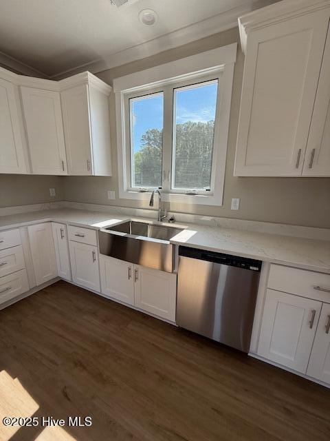 304 Old Swamp Rd, South Mills, NC 27976 - kitchen with dishwasher, a sink, white cabinetry, light countertops, and dark wood-type flooring