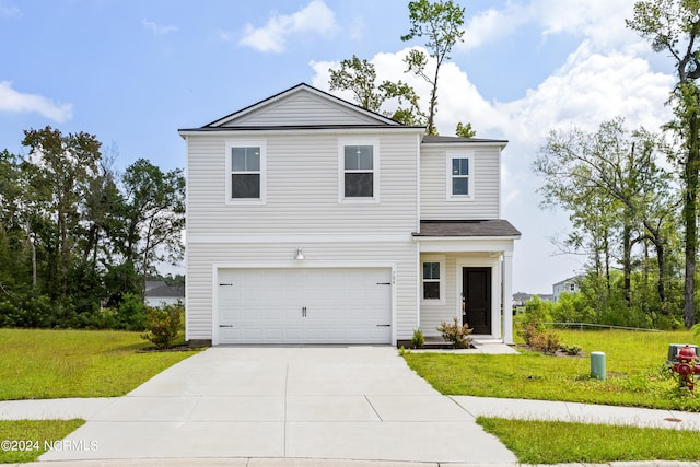 view of front property featuring a garage and a front lawn