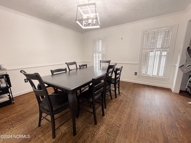 dining room with crown molding, plenty of natural light, a textured ceiling, and dark hardwood / wood-style flooring