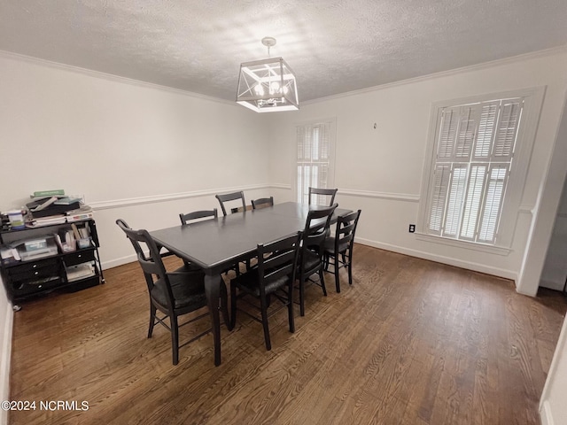 dining room featuring crown molding, dark wood-type flooring, and a textured ceiling