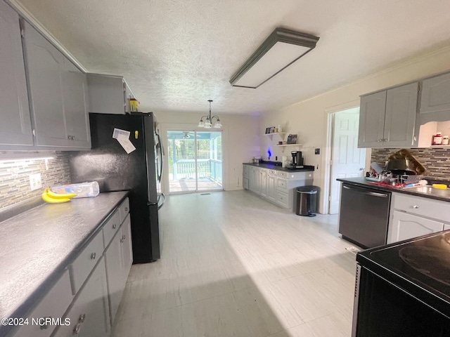 kitchen with decorative backsplash, stainless steel dishwasher, electric range, an inviting chandelier, and light tile patterned flooring