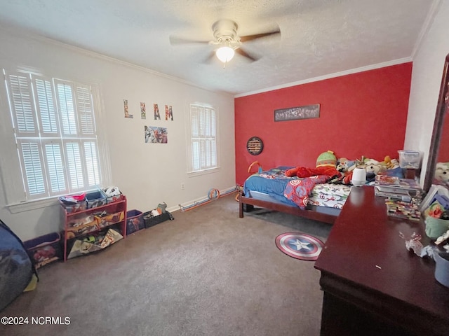 bedroom with ceiling fan, crown molding, a textured ceiling, and carpet floors