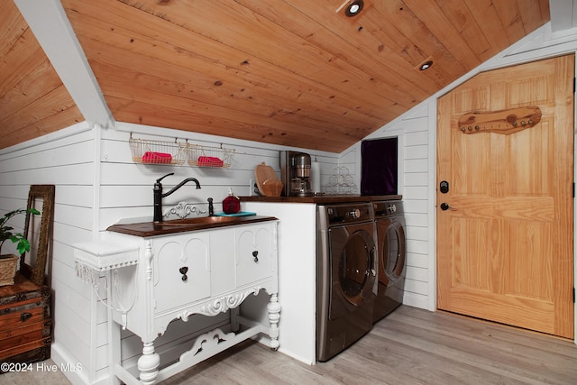 511 N A St, Bridgeton, NC 28519 - laundry room featuring independent washer and dryer, wood ceiling, light wood-type flooring, wooden walls, and a sink