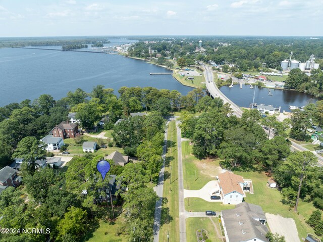 drone / aerial view with a water view