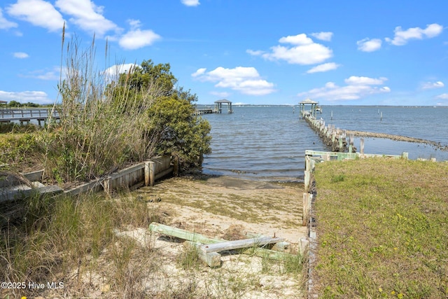exterior space with a water view