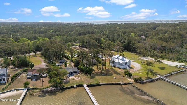 birds eye view of property featuring a wooded view