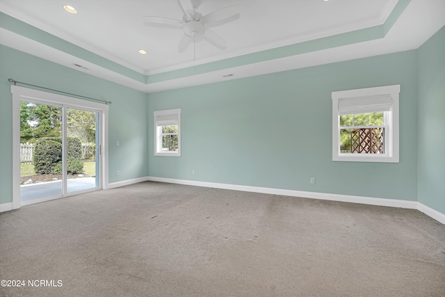 carpeted spare room with a raised ceiling, crown molding, and ceiling fan