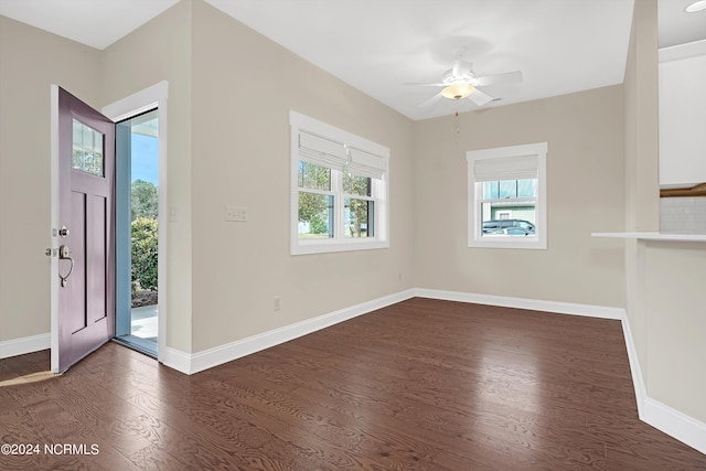 foyer entrance featuring ceiling fan and dark wood-type flooring