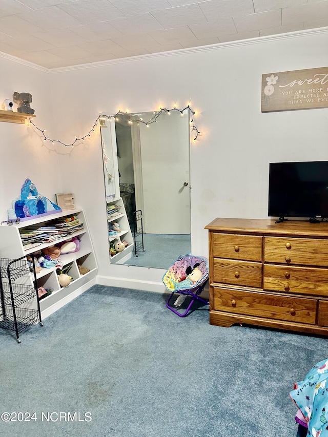 carpeted bedroom with crown molding