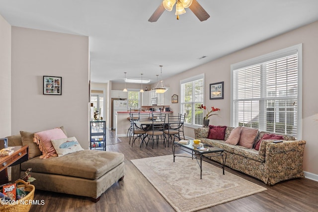 living room with ceiling fan and hardwood / wood-style floors