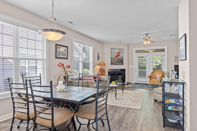 dining area featuring hardwood / wood-style floors and ceiling fan