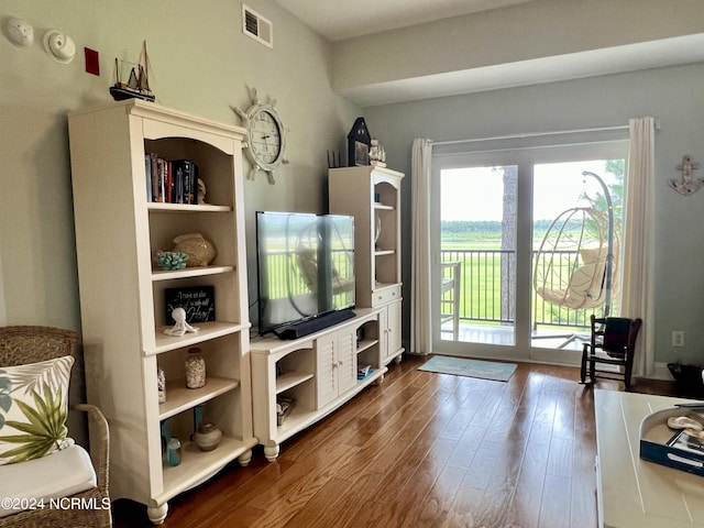 living room with dark hardwood / wood-style floors and a wealth of natural light