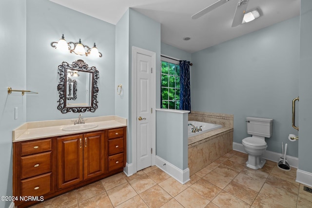 full bath with a garden tub, toilet, vanity, a ceiling fan, and tile patterned floors