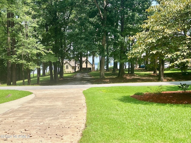 view of property's community with driveway and a lawn