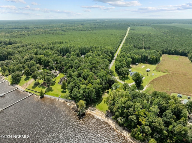 drone / aerial view featuring a wooded view