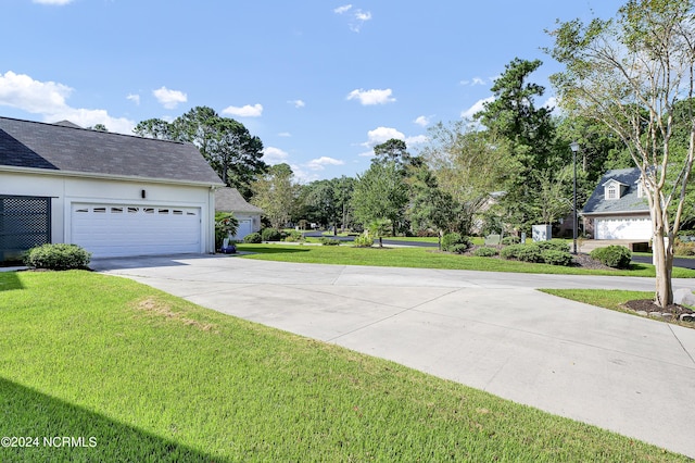 view of yard featuring driveway and a garage