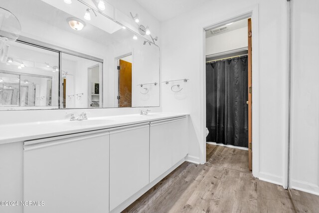 bathroom featuring wood-type flooring and double sink vanity