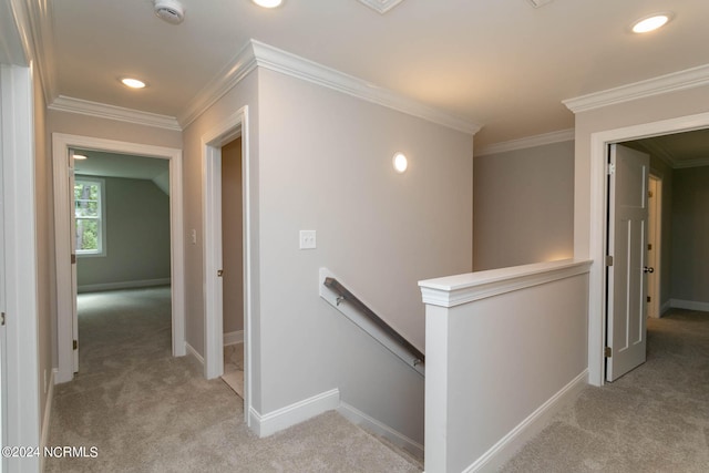 hallway with crown molding and light carpet