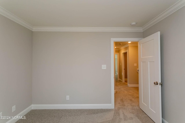 empty room featuring crown molding and light colored carpet