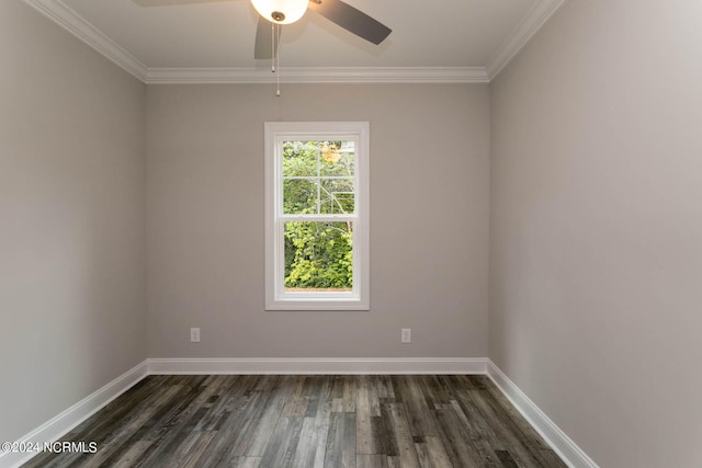 empty room with ceiling fan, dark hardwood / wood-style floors, and crown molding