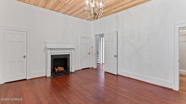 unfurnished living room featuring dark hardwood / wood-style floors, crown molding, and wood ceiling