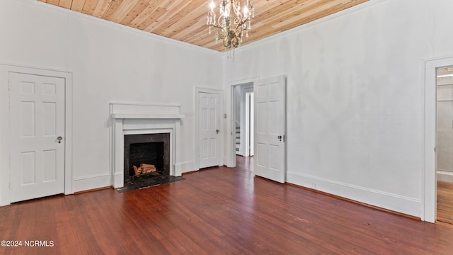 unfurnished living room featuring wooden ceiling, a fireplace with flush hearth, dark wood finished floors, and a notable chandelier