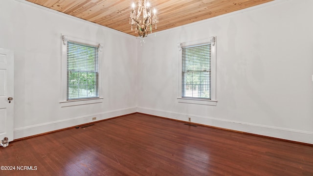 spare room featuring dark wood-style flooring, visible vents, baseboards, wood ceiling, and an inviting chandelier