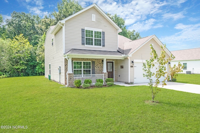 traditional home featuring covered porch, brick siding, an attached garage, and a front lawn