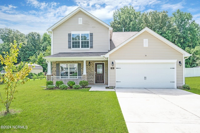 traditional-style home featuring covered porch, a garage, brick siding, driveway, and a front lawn