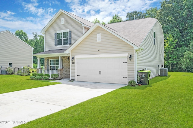 view of front of house with covered porch, concrete driveway, a front yard, a garage, and cooling unit