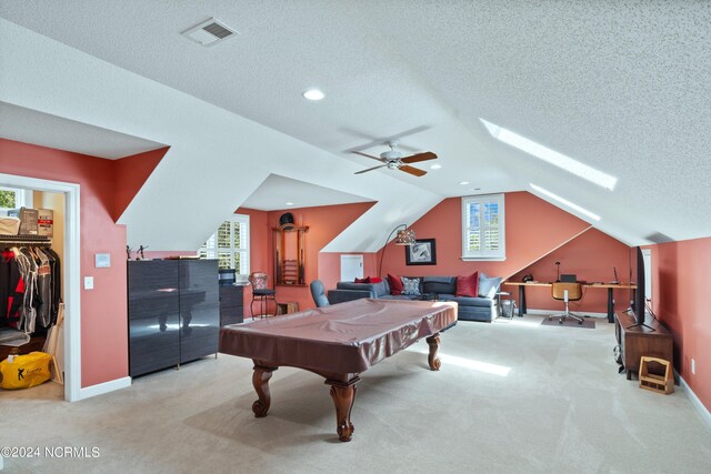 playroom featuring billiards, plenty of natural light, ceiling fan, and light colored carpet