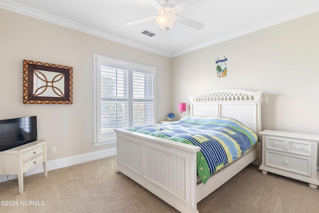 bedroom featuring baseboards, visible vents, light carpet, and crown molding