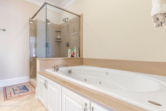 bathroom featuring plus walk in shower, tile patterned floors, and ornamental molding