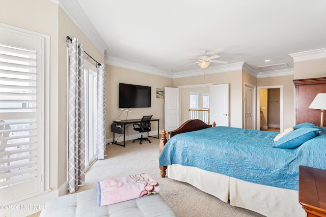 bedroom with ornamental molding, light colored carpet, and ceiling fan