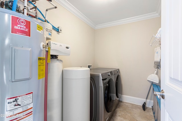 laundry room featuring separate washer and dryer, water heater, light tile patterned floors, and crown molding