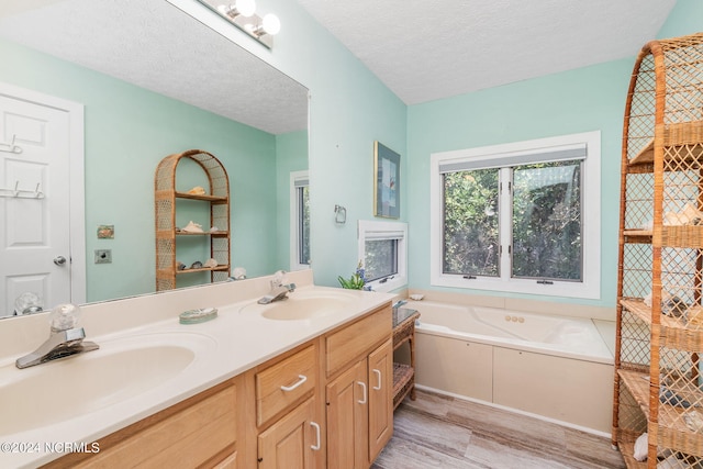 bathroom with vanity, hardwood / wood-style floors, a textured ceiling, and a washtub