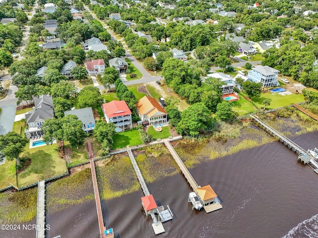 aerial view with a water view and a residential view