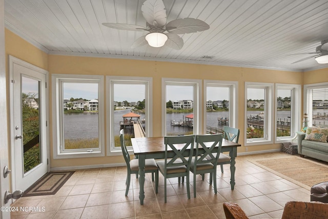 sunroom with wooden ceiling, a water view, and ceiling fan