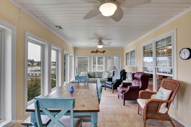 sunroom / solarium featuring a ceiling fan, a healthy amount of sunlight, and visible vents