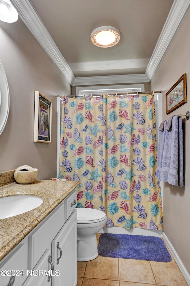 bathroom featuring toilet, tile patterned flooring, vanity, curtained shower, and crown molding