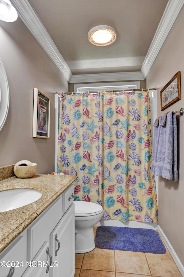 bathroom with a shower with shower curtain, toilet, ornamental molding, tile patterned flooring, and vanity