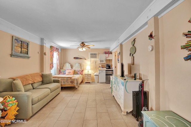 living room featuring ceiling fan, crown molding, light tile patterned flooring, and an AC wall unit