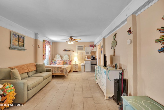 living room with a ceiling fan, an AC wall unit, ornamental molding, and light tile patterned floors