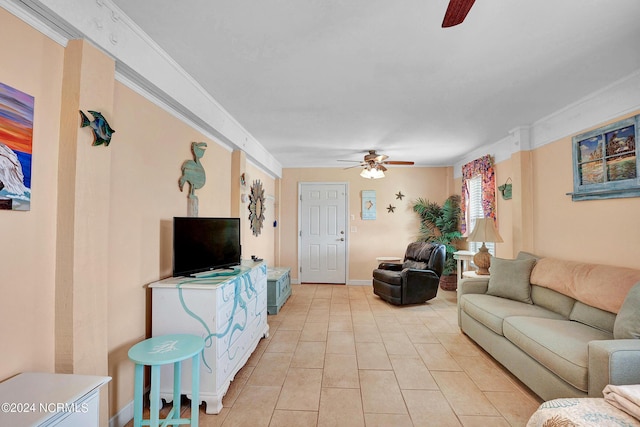 living area featuring ceiling fan and light tile patterned flooring