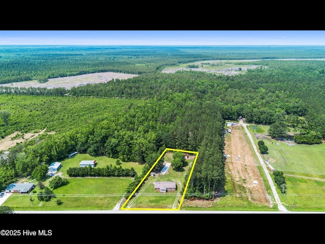 9348 NC Highway 210, Rocky Point, NC 28457 - aerial view of property and surrounding area featuring a heavily wooded area and property parcel outlined