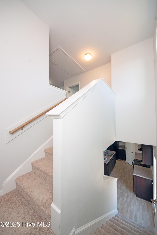 stairway with hardwood / wood-style floors